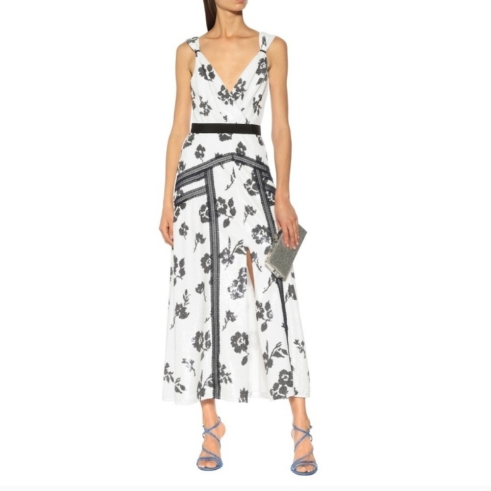 Self-Portrait Floral Sequin Trimmed Formal Dress Ivory/Navy NWT